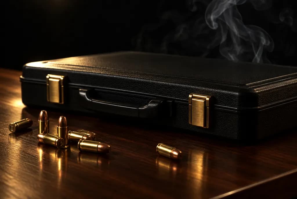 Estojo de pistola fechado e cartuchos sobre balcão de madeira escura
